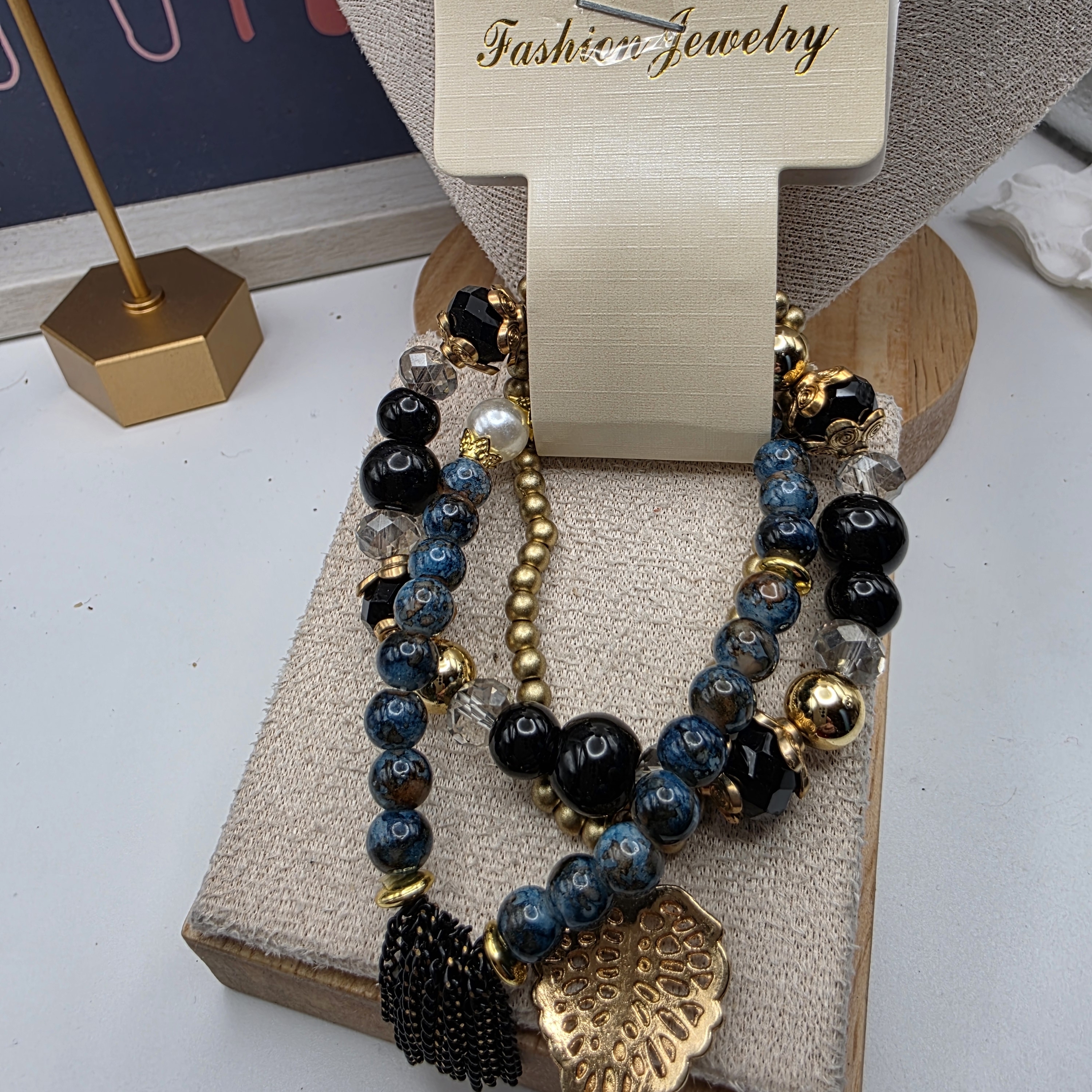 Black Gold And Blue Beaded Stretchy Bracelet Set 1266